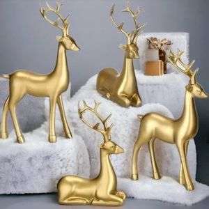 4 Pcs | Christmas Decor Resin Sitting & Standing Deer Statue Reindeer Figurines